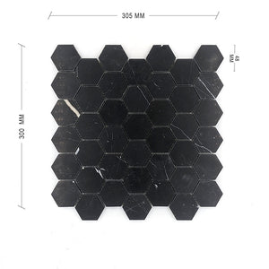 Nero Marquina Hexagon Mosaic 48 Dia Dimension