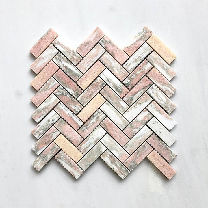 Norwegian Pink Herringbone Honed Marble Mosaic 75 x 25