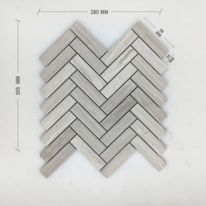 Serpeggiante Bianco Vein Cut Herringbone Mosaic 98x25 Dimension