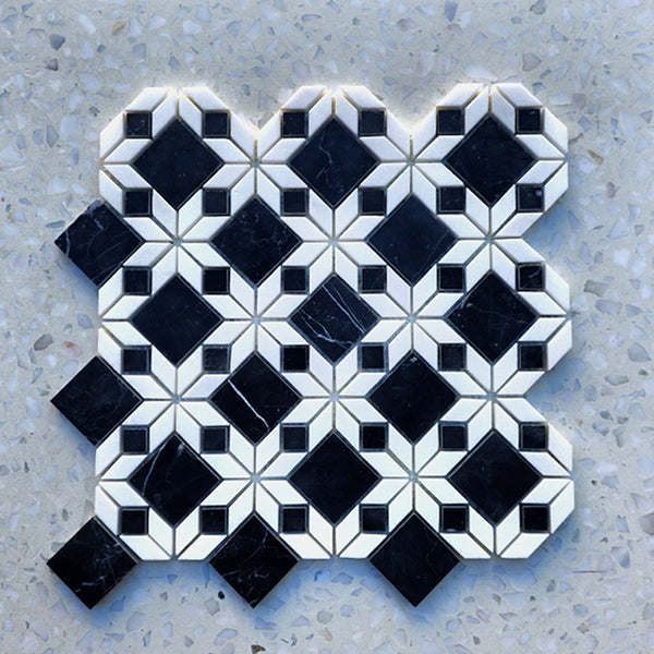 Tessellated Thassos Nero Marble Mosaic