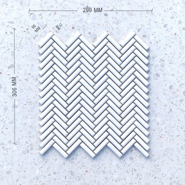 Vintage White Herringbone Porcelain Mosaic 50x12